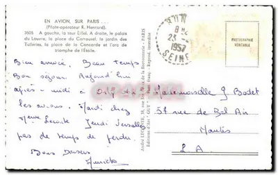 Widok z lotu nad Paryżem — Wieża Eiffel, Tuileries, Concorde — Wydawnictwo Art Guy, nr 3505 — Rewers