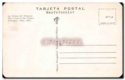 A Cripta do Príncipe — Palenque, Chiapas, México — TARJETA POSTAL Mexfotocolor n° 477-A — Verso