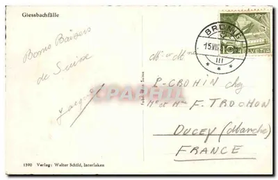 Giessbachfälle — wodospad w lesie — Vérlag Walter Schild, Interlaken, n°1390 — Rewers