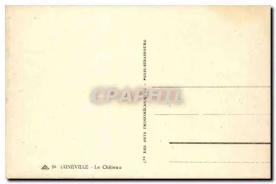 Lunéville - O Castelo — vista da praça de honra com estátua e portão — cie das Artes Fotomecânicas, Paris — Verso
