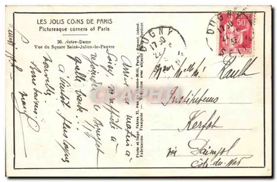 Notre-Dame w Paryżu — Widok z Square Saint-Julien-le-Pauvre — wydawca Patras, nr 26 — Rewers