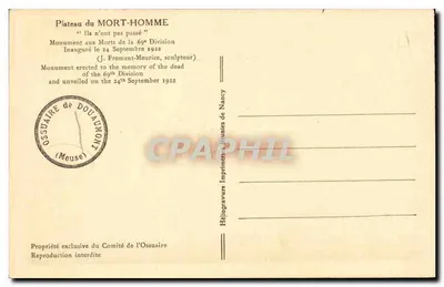 Plateau du Mort-Homme — Monument aux Morts de la 69e Division — J. Froment-Meurice, sculpteur — Verso