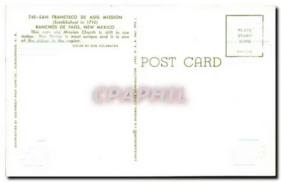 Misja San Francisco de Asís — Ranchos de Taos, Nowy Meksyk — Distributed by Southwest Post Card Co., Albuquerque, N.M. — Rewers