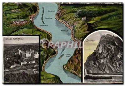 Vista do Reno e do Lorelei — Ruínas de Rheinfels e Rocha do Lorelei — editor não identificado