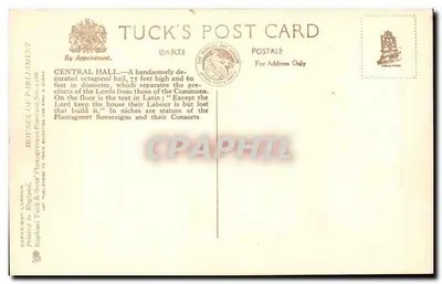 The Chambers of Parliament — Central Hall — Tuck's Post Card No. 2108 — Back