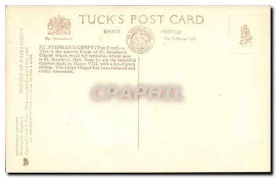 Krypta Świętego Stefana (Font) — Świątynia Świętego Stefana, Londyn — Tuck's Post Card No. 2168 — Rewers