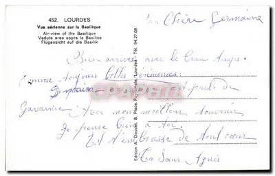 Lourdes — Widok z powietrza na Bazylikę — Wydawca Edluf, nr 452 — Rewers
