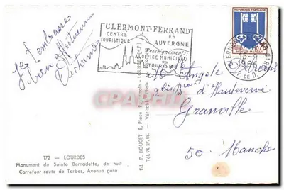 Monumento de Santa Bernadette, de noche — Ed. P. Doucet, n° 172 — Reverso
