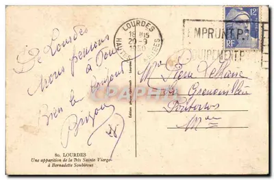 Wydarzenie zjawienia Najświętszej Panny Maryi Bernadette Soubirous — Lourdes — Édition photo Quinault — Rewers