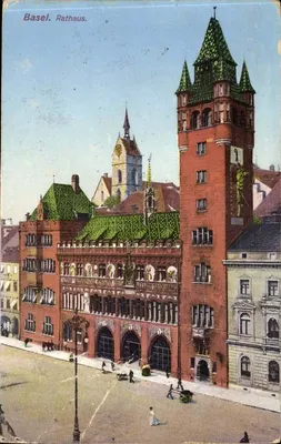 Basel. Rathaus. — Vista do edifício com sua torre e sua estátua — editor Wilhelm Frey, n° 252