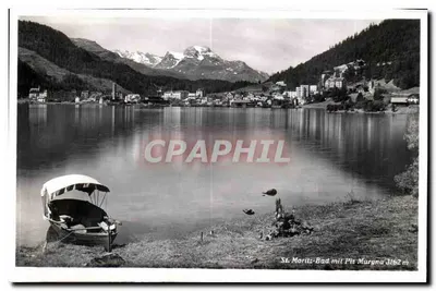 St. Moritz-Bad com o Piz Murgna 3162 m — Fotografia da estação e do cume — Photo-od-Netting & Jüngi AG Zürich, n° 37036