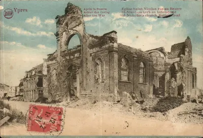 Igreja de São Nicolau, rua au Beurre em Ypres — ruínas após a guerra — editor LEGIA, número de série não visível