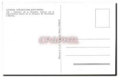 Widok wnętrza kaplicy — dokładna reprodukcja chatki Bernadetty w Bartrès — Éditions S.O.S. Paris — Rewers