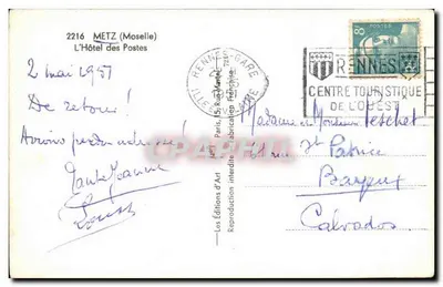 Hôtel des Postes w Metz — widok placu z tramwajem — wydawnictwo Arome Maggi — Rewers