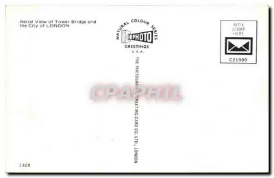 Widok z powietrza na Most Tower i miasto Londyn — seria Natural Colour, nr 1328 — The Photographic Greeting Card Co. Ltd., Londyn — Rewers