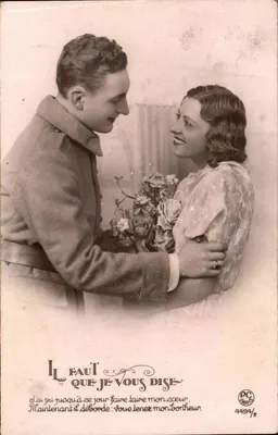 Jovem casal em traje da época — texto amoroso — P-C PARIS n° 4499/2