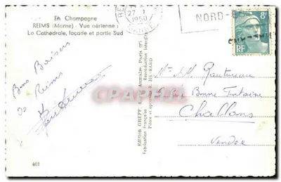 Reims (Marne) — Vista aérea: A Catedral, fachada e parte sul — Edição Greff — Verso