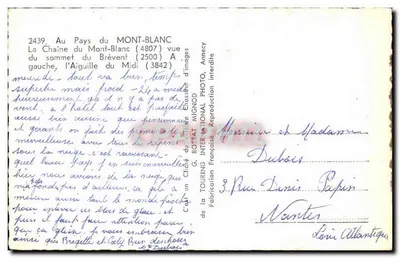 Catena del Monte Bianco — vista del vertice del Brévent (2500) a sinistra, l'Aiguille du Midi (3842) — G. ROSSAT, Annecy — Verso