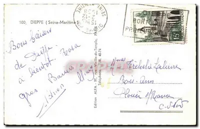 Dieppe — Widok panoramiczny z pałacem, plażą, kaplicą Bon Secours i parowcem Le 'Lisieux' — Wydawnictwo ALFA — Rewers