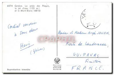 Genève — De kade van de Pâquis, de fontein (120 m.) en de Mont-Blanc (4810) — Edities Jaeger Genève, n° 6074 — Achterkant