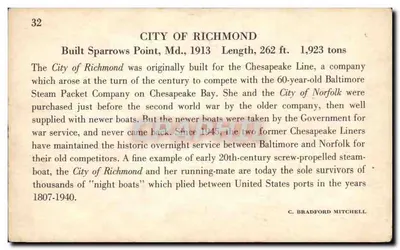 Cidade de Richmond — vapor de 262 pés, 1923 — editor C. Bradford Mitchell, n°32 — Verso