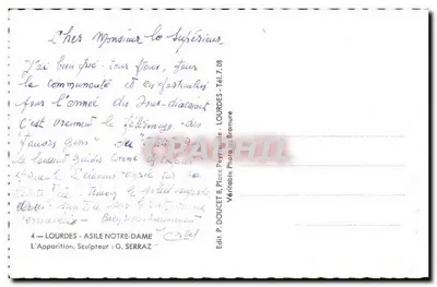 Lourdes - Asyl Najświętszej Maryi Panny — Objawienie — Rzeźbiarz G. Serraz — Rewers