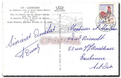 Zamek w ruinach, most św. Michała i rzeka Gave — wyd. P. Doucet, Pl. Peyramont, n°107 — Rewers