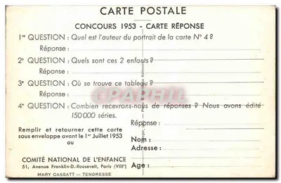Mãe abraçando seu filho — Concurso 1953 — Comitê Nacional da Criança, Paris — Verso