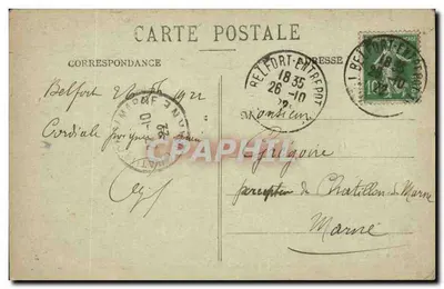 Belfort — El Castillo y el León — En la parte inferior: la Armería, la Prisión, el Hôtel de Ville — Edición E. M. B. n° 386 — Reverso