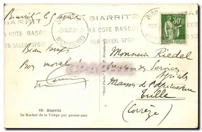 De Rocher de la Vierge bij stormachtig weer — Biarritz — uitgever 'Cap' n°185 — Achterkant
