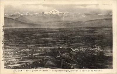 Gex — As Alpes e o Léman — Vista panorâmica, tirada da estrada da Faucille — L. Michaux, Ed. Bellegarde (Dépost.)
