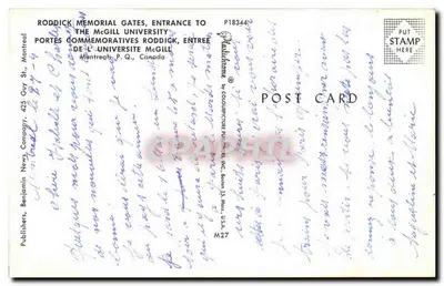 Komurowe drzwi Roddick, wejście do Uniwersytetu McGill — wydawca Benjamin News Company, Montreal — Rewers
