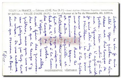 Lago de Aumar e o Pic du Néouvielle — Edições JOVÉ, Pau (B.P.) — N° 869 bis — Verso