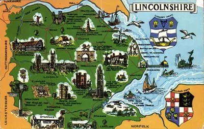 Lincolnshire — Carta postal ilustrada com mapas e brasões — editor não visível