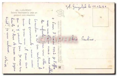 Santa Bernadette — pregando mentre custodisce i suoi agnelli — Edizioni P. Chambon, n°16 — Verso