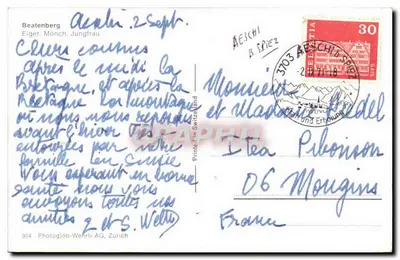 Montes Eiger, Mönch, Jungfrau — Beatenberg — Photoglob-Wehri AG, Zurique, n°904 — Verso
