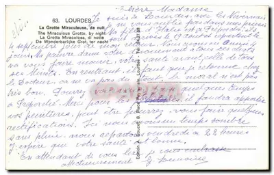 A Gruta Milagrosa, à noite — Lourdes — Edição Ed Lux, n°63 — Verso