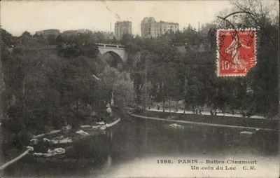 Paris Bilhete postal antigo Buttes Chaumont Um canto do lago