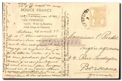 Pyrénées — Argelès, Trasa do Beaurens, tło: Przełęcz Cauterets — Les Éditions d'Art de l'Union — Rewers