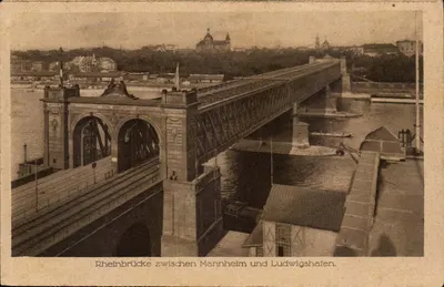 Ponte do rio Reno entre Mannheim e Ludwigshafen — vista da ponte ferroviária sobre o Reno — editor não identificado