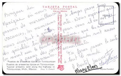 Puestos de artesanías típicas en Tzintzuntzan — Michoacán, México — TARJETA POSTAL "VISTACOLOR" — Verso