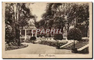 Essen, Parque da Cidade — vista do jardim público com quiosque e escadas — editor não identificado