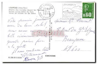 Lourdes — Pacientes aguardando diante das piscinas — Imprimeur Combier — Verso