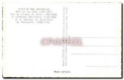 Paryż i jego cuda — 4074. Wieża Eiffla, łuk triumfu, katedra Notre-Dame i basylika Sacré-Cœur — Wyd. Sztuki « GUY » — Rewers