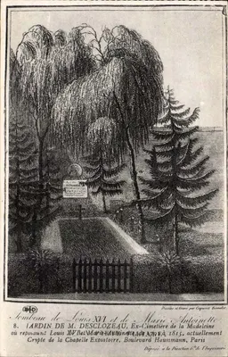 Túmulo de Luís XVI e de Maria Antonieta — Jardim do Sr. Desclozeau, ex-cemitério da Madeleine, atualmente cripta da capela expiatória, avenida Haussmann, Paris — desenhado e gravado por Guguet Bornelet