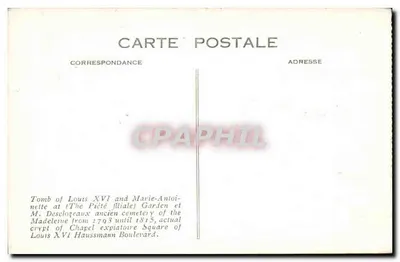 Túmulo de Luís XVI e de Maria Antonieta — Jardim do Sr. Desclozeau, ex-cemitério da Madeleine, atualmente cripta da capela expiatória, avenida Haussmann, Paris — desenhado e gravado por Guguet Bornelet — Verso