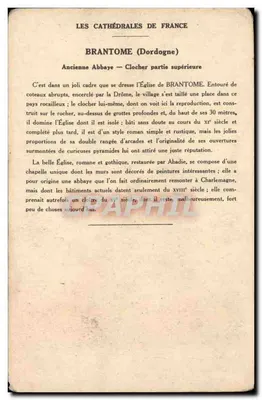 Brantôme (Dordogne) — Klasztor kościoła abbatii (wieża, górna część) — Kolekcja Kolarsine i Solution Pautauberger — Rewers