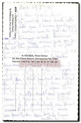Zamek w Châteauroux — widok z mostem nad Indre — wydawca M. Roussel, Châteauroux — Rewers