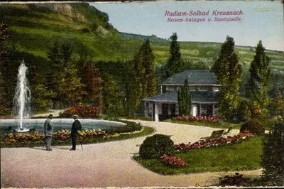 Radium-Solbad Kreuznach — Rosen-Anlagen u. Inselquelle — Photogr. u. Verlag Ph. Doer & Söhne, Bad Kreuznach No. 124