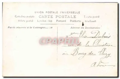 Młoda kobieta w fioletowej sukni — z samolotem na tle — wydawca Union Postale Universelle, nr 291 — Rewers